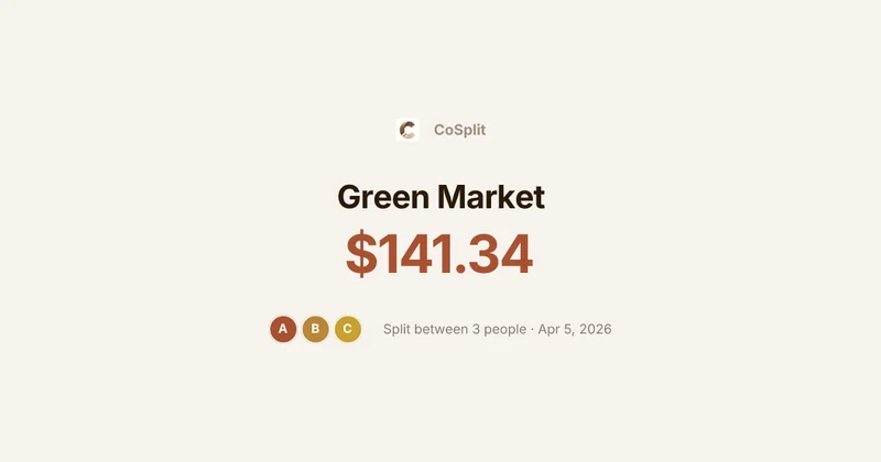 Link preview card showing Green Market, $141.34, split between 3 people